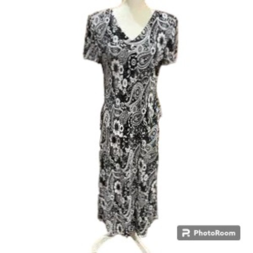 Vintage Connected Apparel Paisley dress size 10 short sleeve Black & white 2157